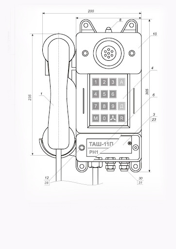 Схема габаритных размеров телефонного аппарата ТАШ-12EXC